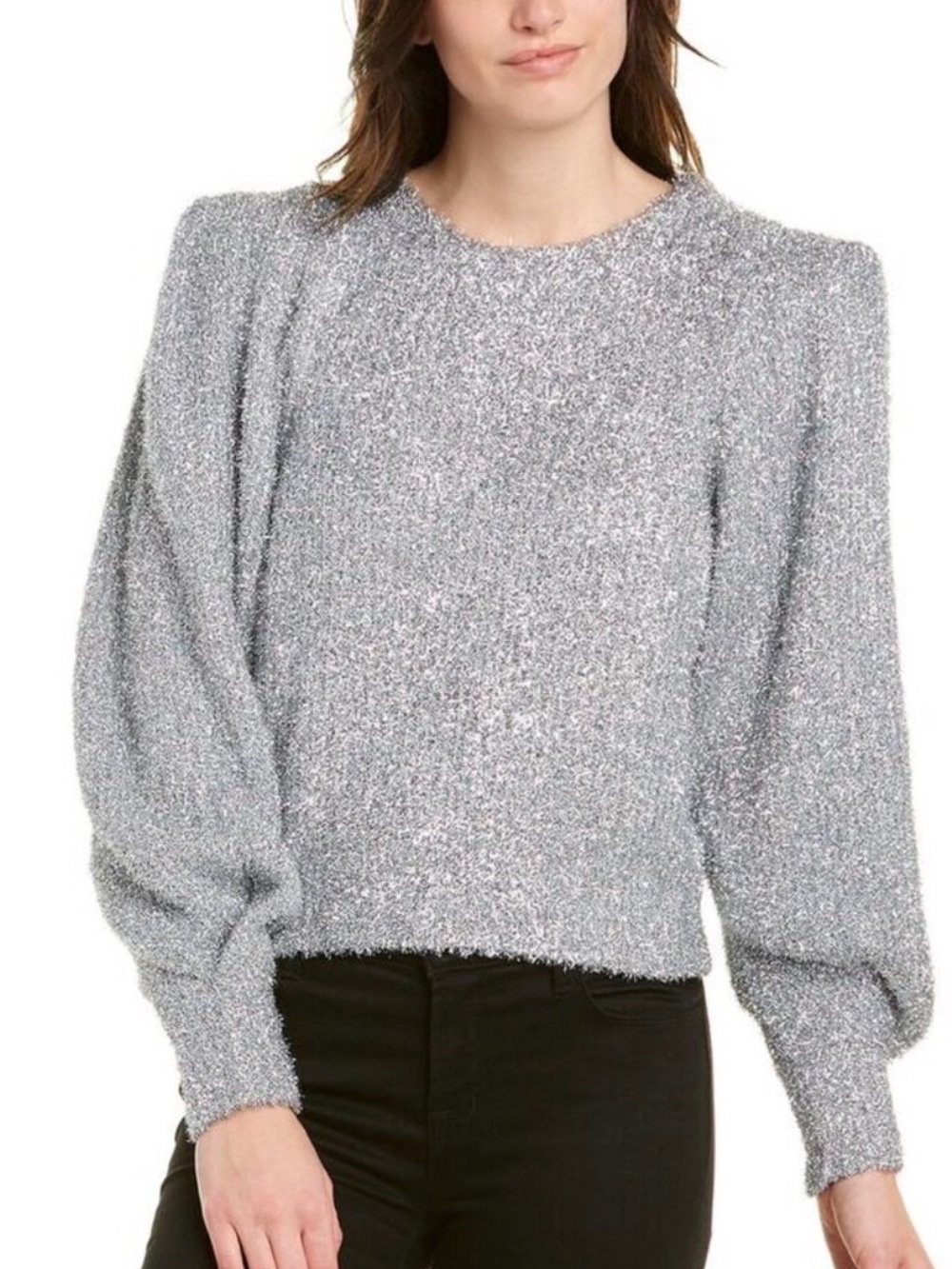 Ronny Kobo Womens Carina Sweater Top Puff Sleeve Silver Sparkly Metallic Small